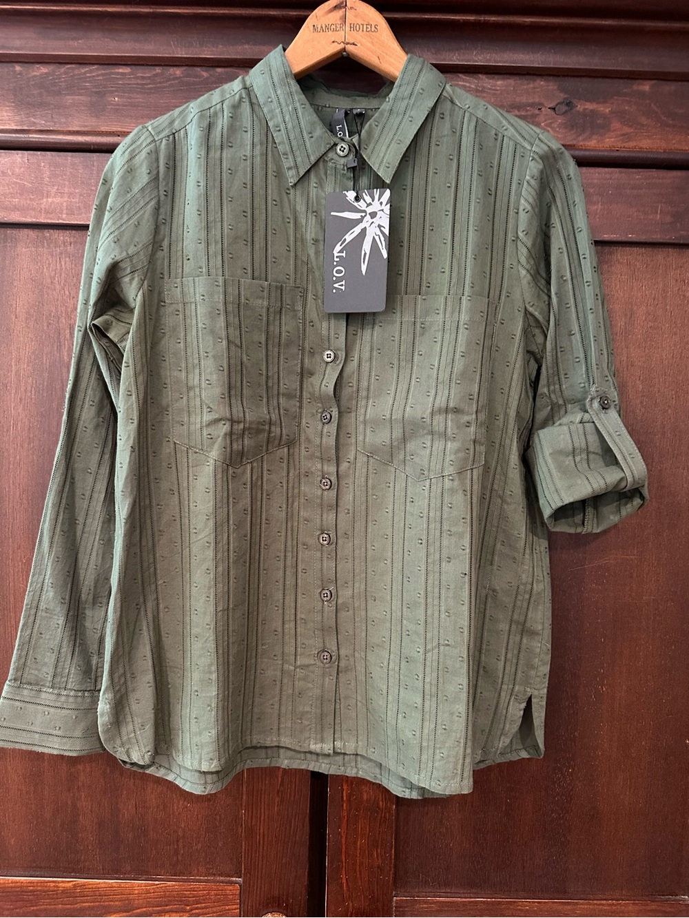 L.O.V. • Women’s army green button down shirt • new with tags